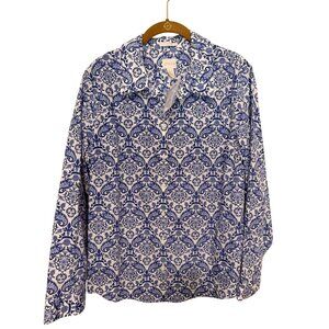 Chico's Button Up Shirt White Blue Scroll NWT No Iron Womans 2.5/L